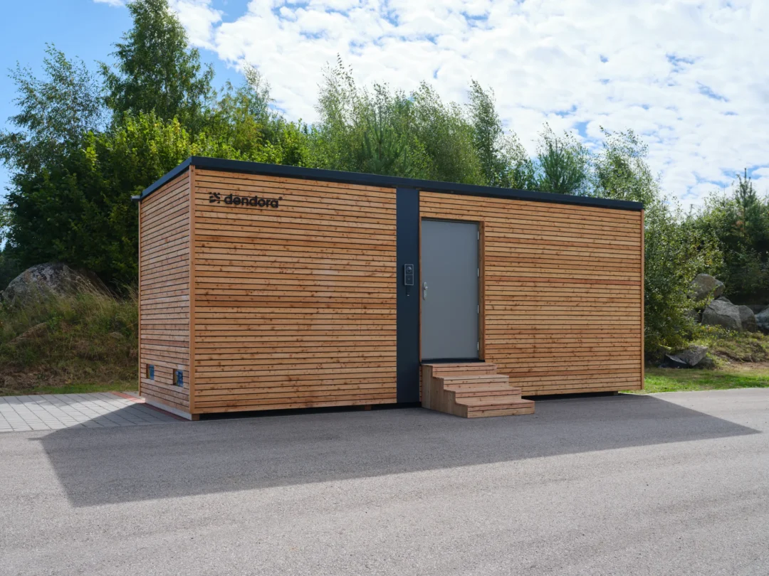 Exterior view of dendora server room made of wood.